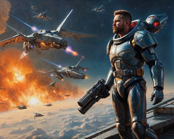 Futuristic battle scene with armored hero in space