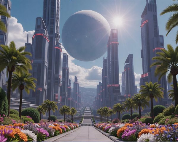 Futuristic cityscape with glowing skyscrapers and gardens