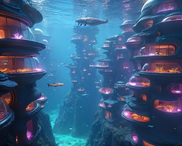 Underwater City with Organic Designs and Vibrant Lights