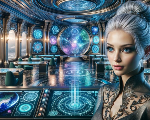 Futuristic Setting with Silver-Haired Woman and Holograms