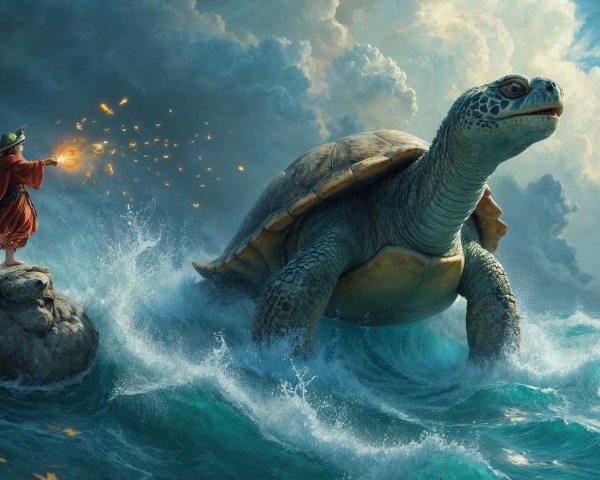 Mystical Turtle and Cloaked Figure in Ocean Scene