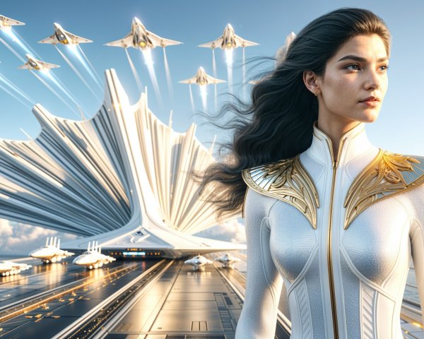 Futuristic Landscape with Confident Woman and Aircraft