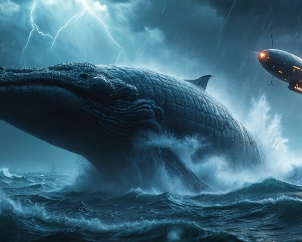 Whale Breaching in Stormy Ocean with Airship Above