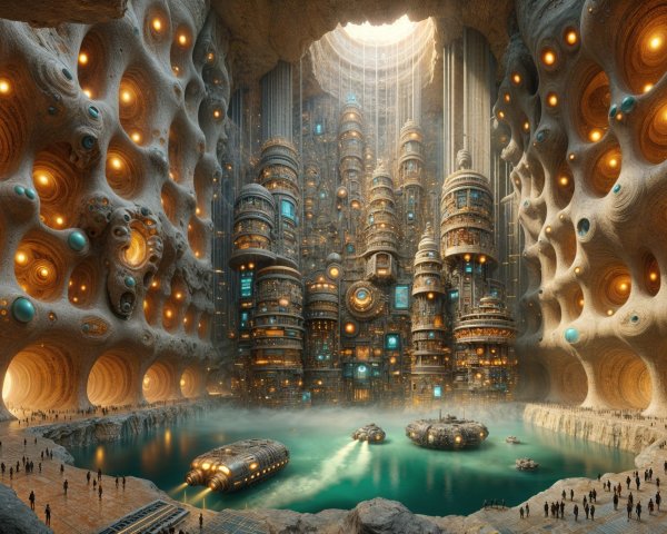 Underground city with glowing architecture and water