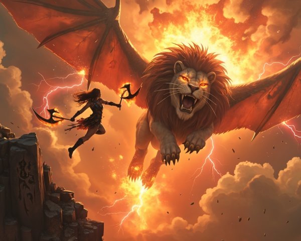 Warrior Confronts Fiery Winged Lion in Stormy Setting
