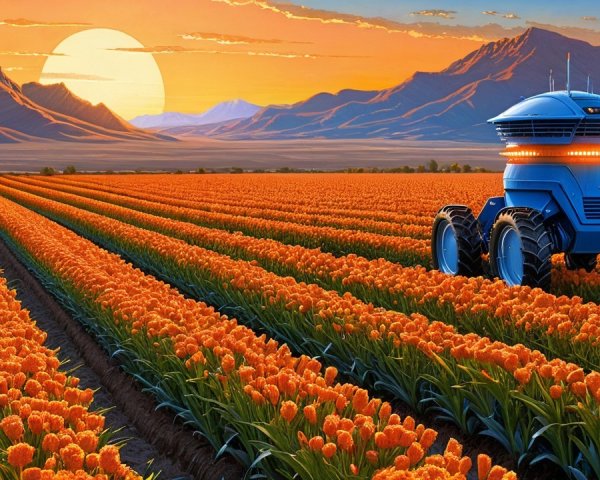 Futuristic Robot in Tulip Field at Sunset