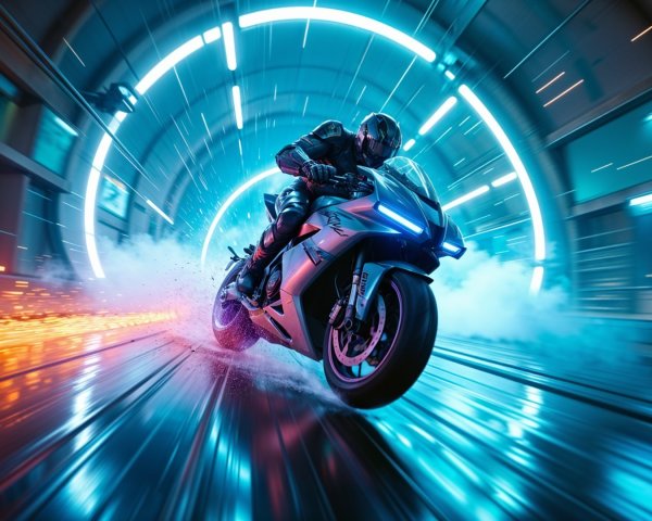 Futuristic Motorcycle in Neon-Lit Tunnel Scene