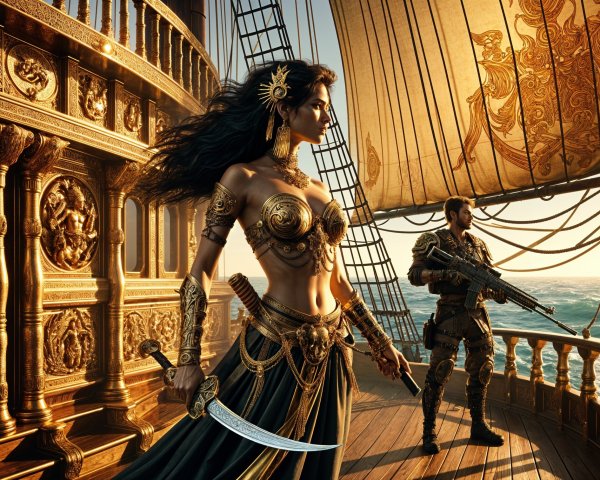 Pirate Ship at Sunset with Warrior and Adventurer