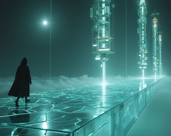 Futuristic pathway with cloaked figure and glowing lights