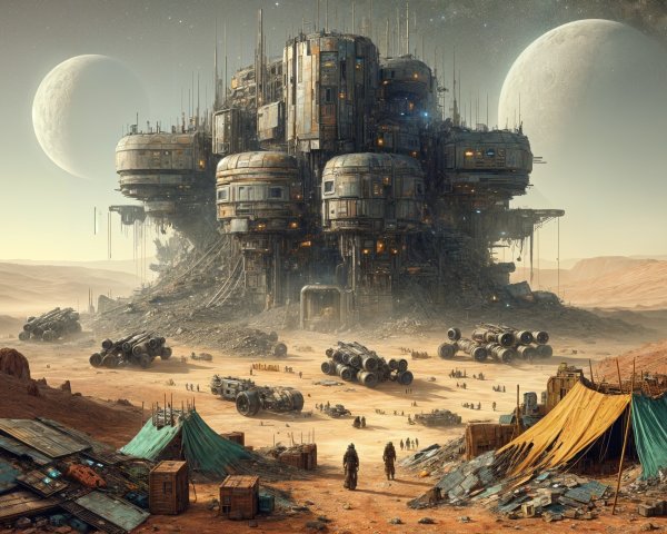 Futuristic Structure in Barren Landscape with Moons