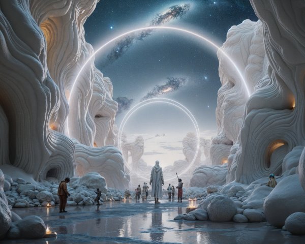 Otherworldly snowy landscape with glowing formations and galaxy