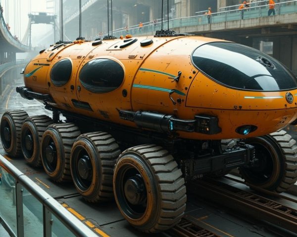 Futuristic Orange Exploration Vehicle in Industrial Station