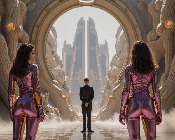 Futuristic Scene with Metallic Suits and Surreal Archway