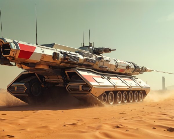 Futuristic tank in a vast desert landscape setting