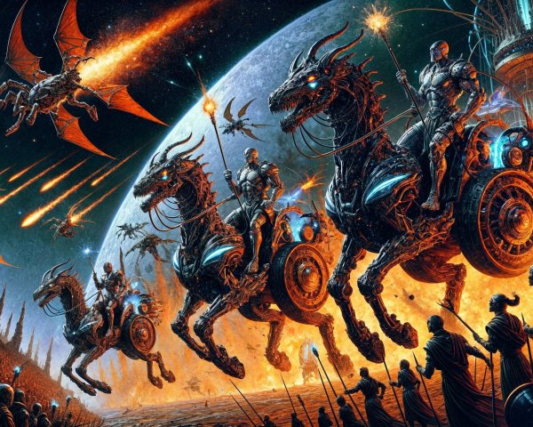 Futuristic armored figures on mechanized horses at dusk