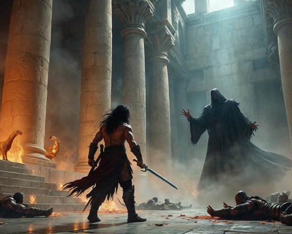 Warrior Confronts Dark Figure in Ancient Temple Scene