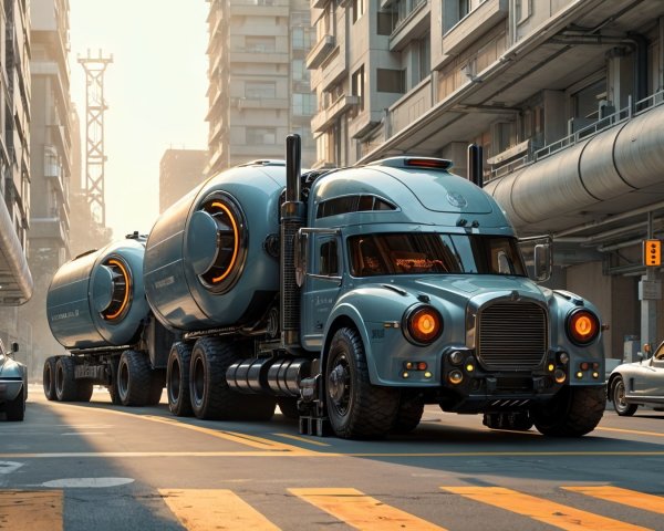 Futuristic City Street with Retro-Futuristic Truck