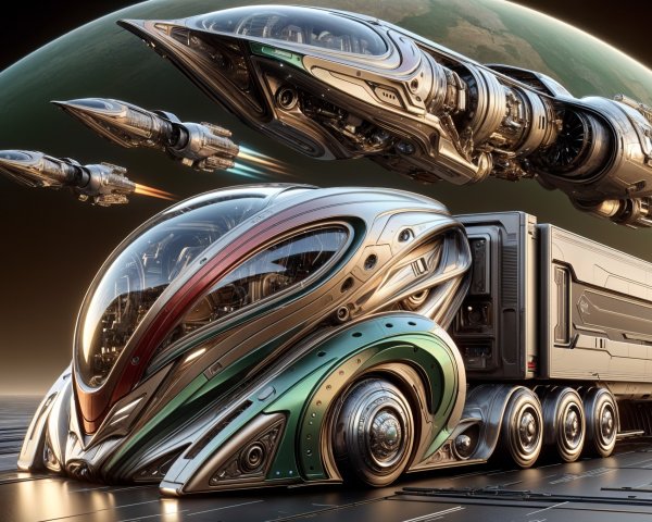 Futuristic spacecraft on metallic platform with flying ships