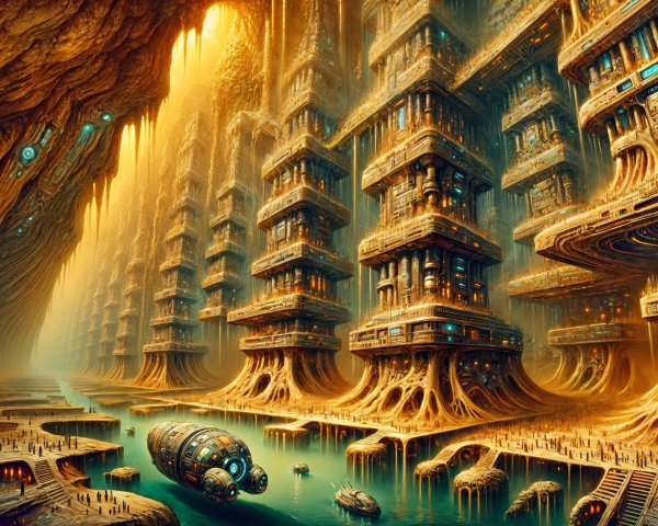Futuristic Landscape with Organic Structures and Waterway