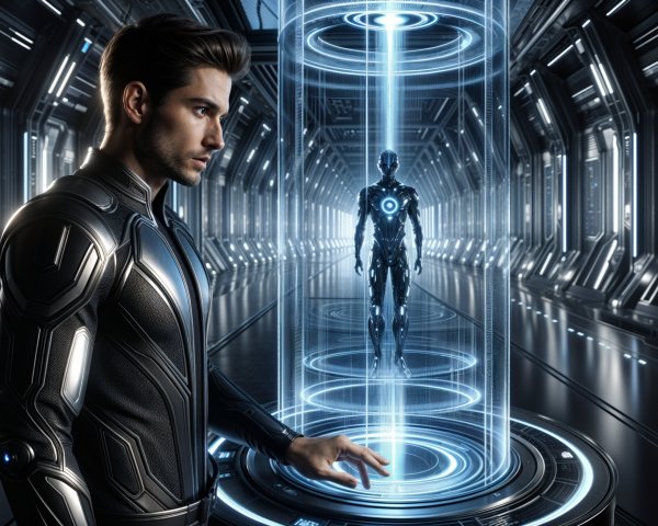 Futuristic Corridor with High-Tech Suit and Robot