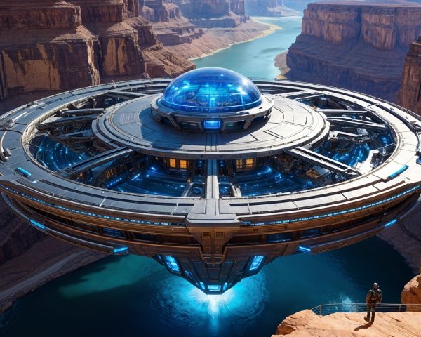 Futuristic Spacecraft Over Canyon Landscape with River