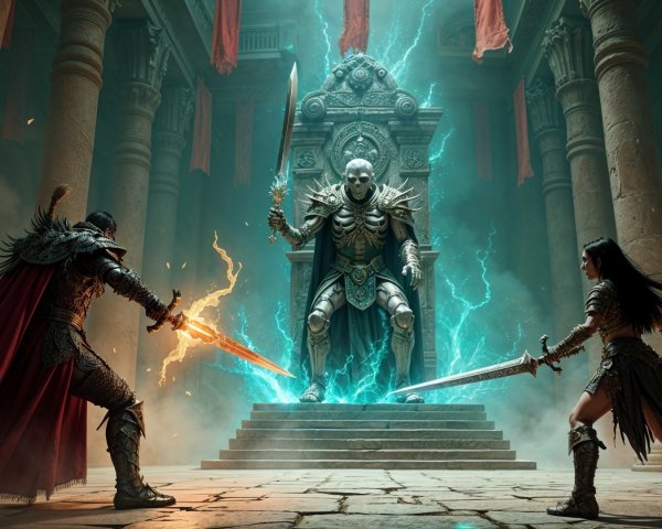 Warriors Confront Skeletal Figure in Ancient Temple