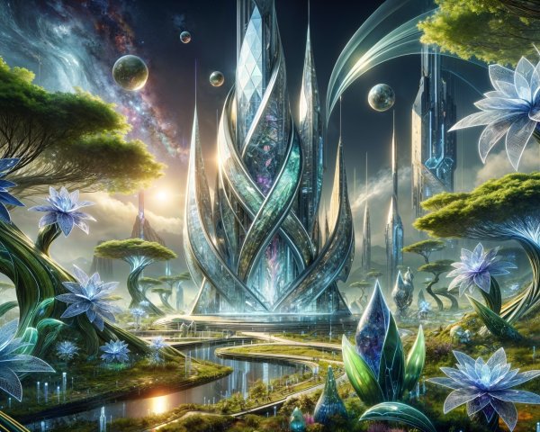 Futuristic Landscape with Crystalline Structures and Nature