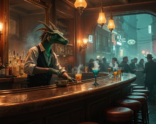 Reptilian Bartender in Enchanted Bar Setting