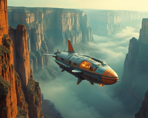 Futuristic spacecraft in a canyon landscape with mist