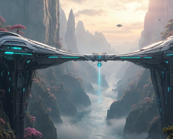 Futuristic Landscape with High-Tech Bridge and Cliffs
