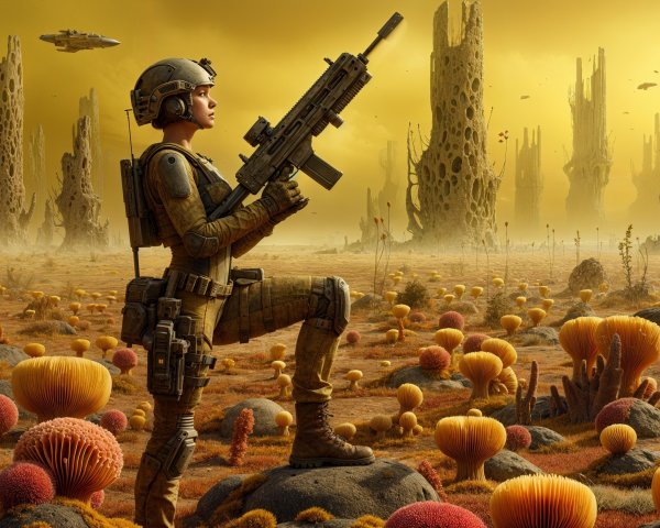 Surreal Alien Landscape with Soldier and Futuristic Rifle