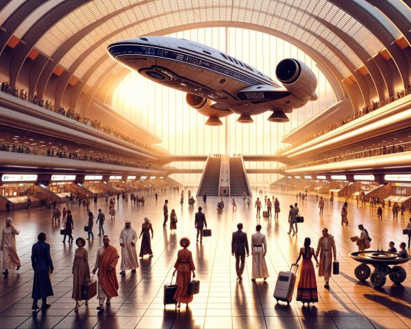 Futuristic transportation hub with advanced spacecraft and travelers