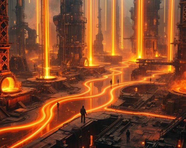 Futuristic Industrial Landscape with Molten Lava Streams