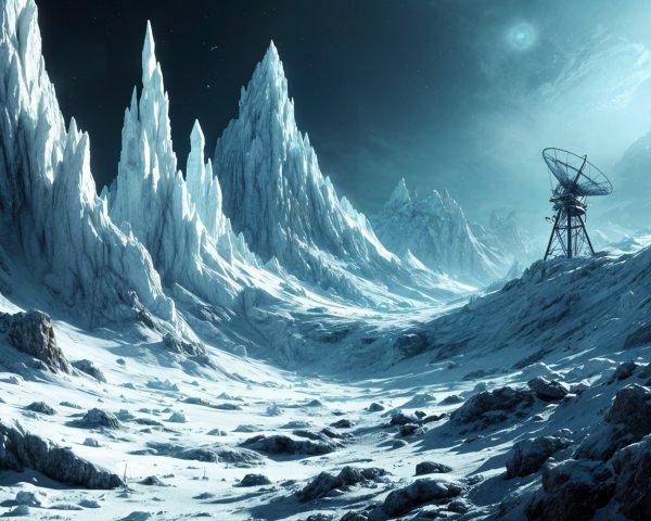 Icy Landscape with Satellite Dish and Celestial Bodies