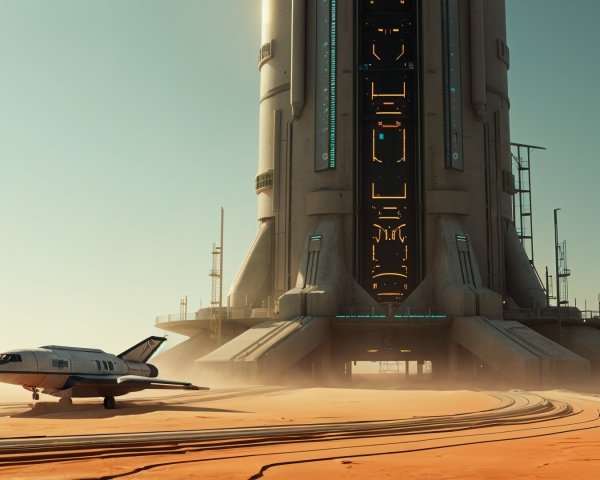 Sleek spacecraft and futuristic launch tower in desert
