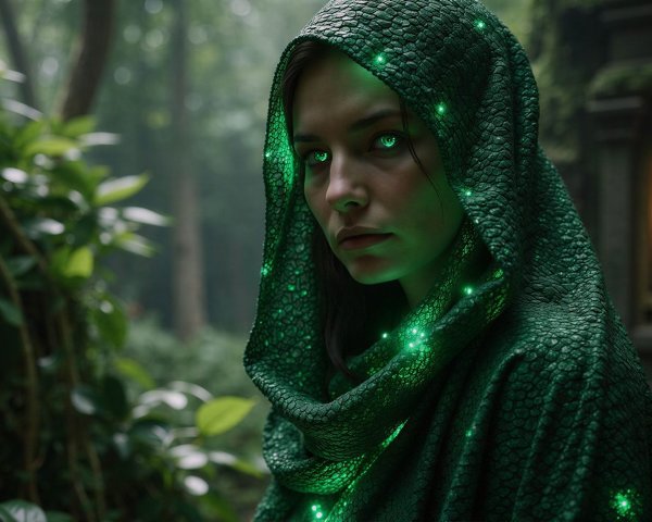 Mysterious Woman in Green Cloak in Dark Forest