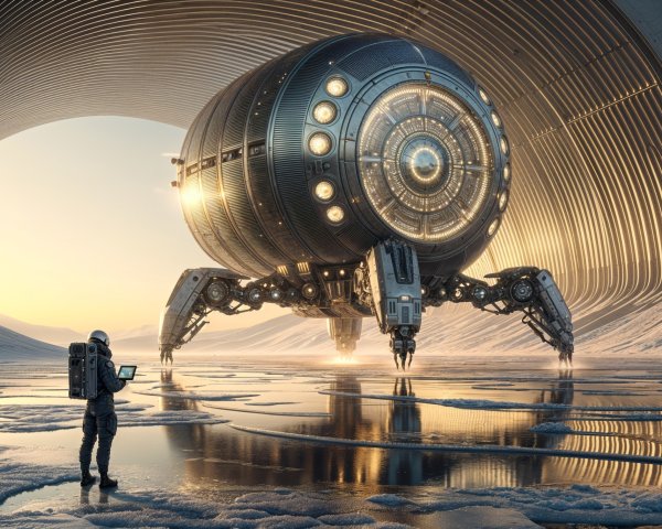Robotic Spacecraft in Futuristic Cavernous Landscape