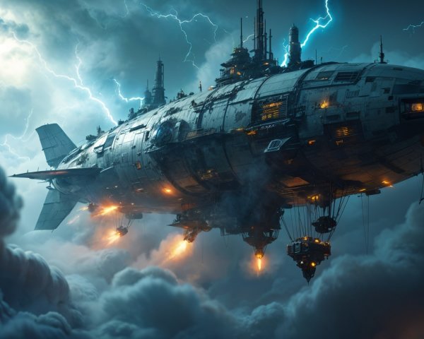 Colossal Airship Navigating Stormy Skies with Lightning