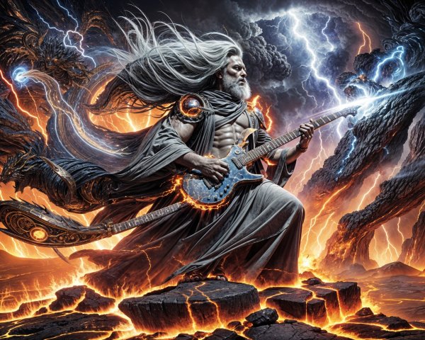 Powerful figure in volcanic landscape with electric guitar