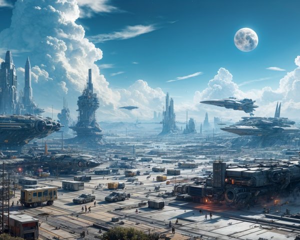 Futuristic Metropolis with Flying Vehicles and Moon