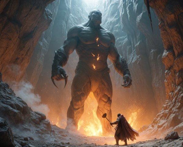 Colossal Humanoid Figure in Dramatic Cavern Scene