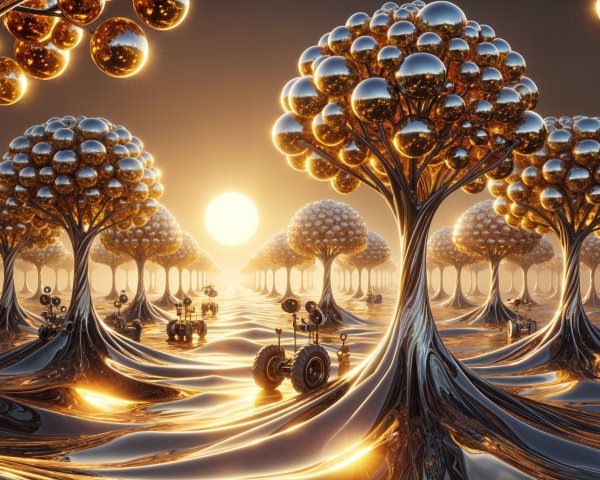 Surreal Landscape with Metallic Trees and Creatures