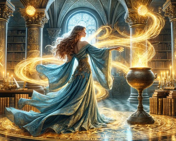 Sorceress in Blue Gown at Mystical Cauldron in Library