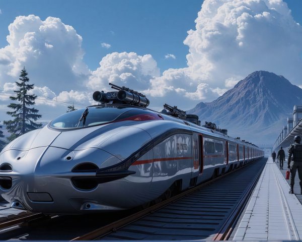 Futuristic Silver Bullet Train at Station with Soldiers
