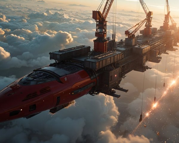 Futuristic Red Spaceship Above Cloudy Landscape