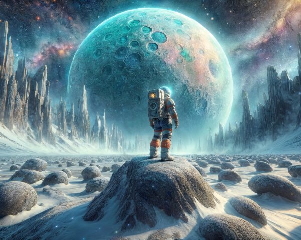 Astronaut on Rocky Surface with Colorful Moon and Crystals