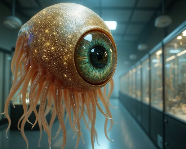 Giant Shimmering Eye Creature in Modern Art Gallery