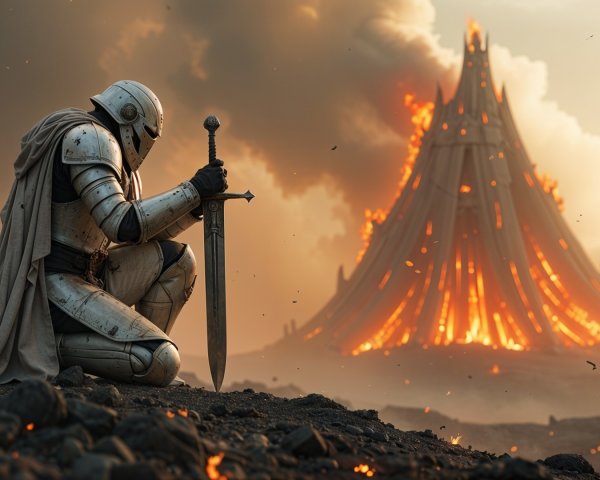Armored Warrior in Fiery Desolate Landscape
