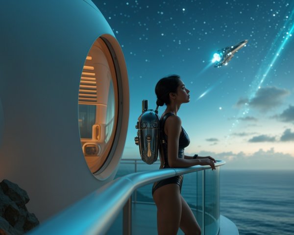 Futuristic Woman on Balcony with Jetpack and Ocean View