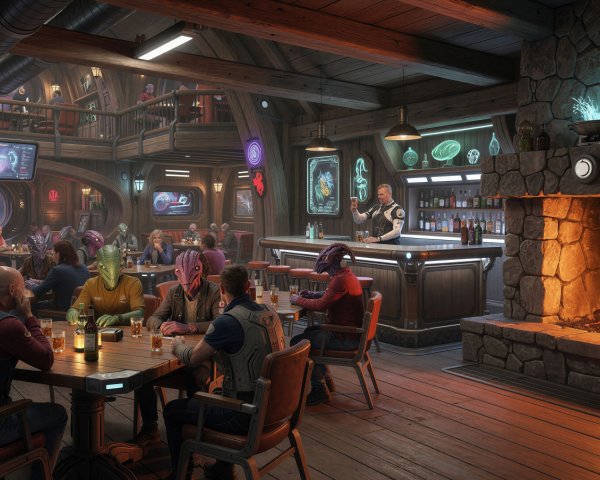 Rustic Sci-Fi Bar with Humanoid Aliens and Humans